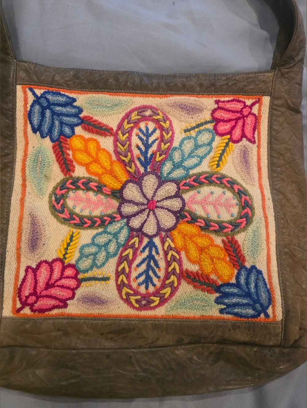 Purple Agave Hand-Embroidered Multicolor Distressed Floral Canvas Shoulder Bag
